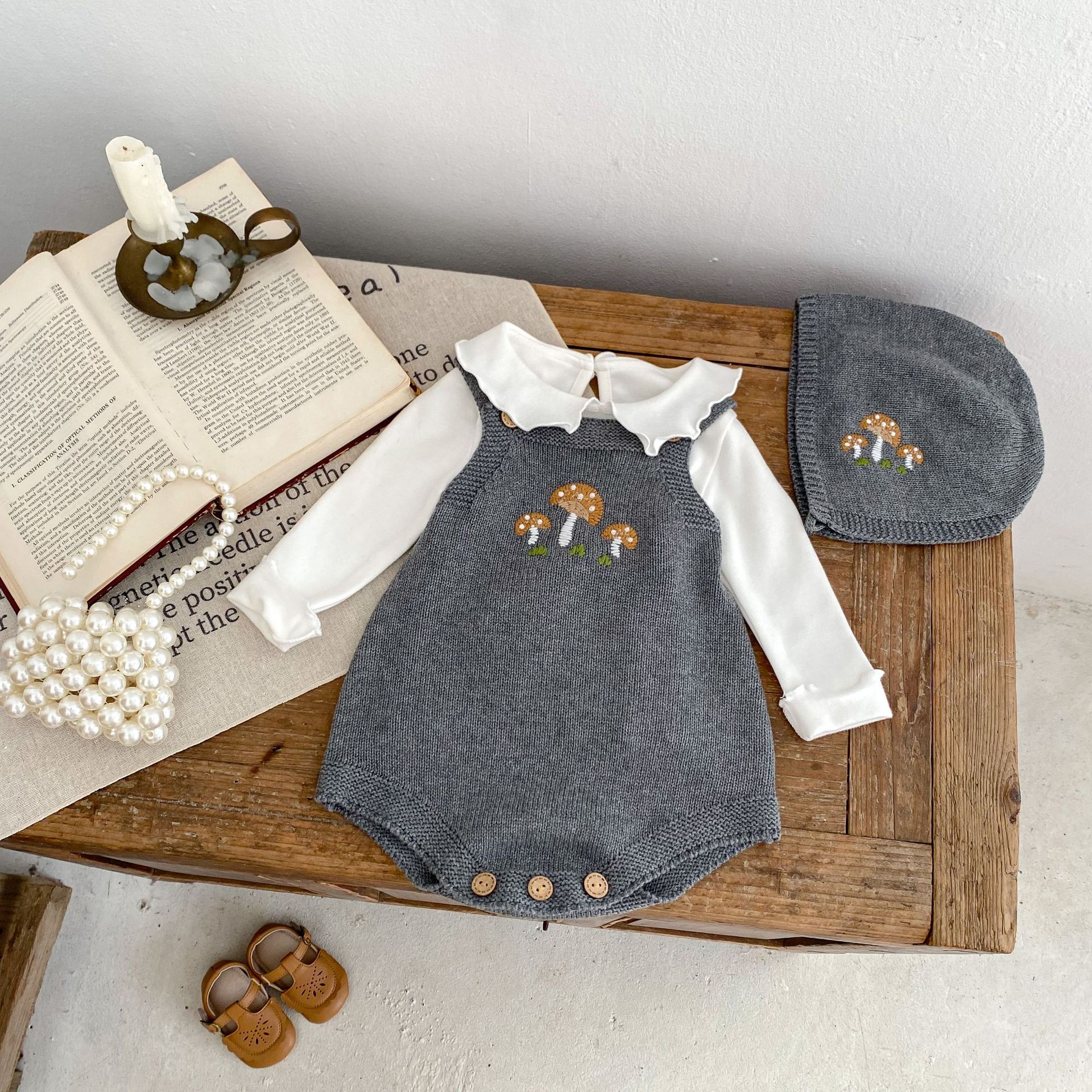 Abbigliamento autunnale 2024 per neonati, bambini piccoli, ragazzi e ragazze, giacca cardigan ricamata con funghi + kaki + ricamata_voghion.com