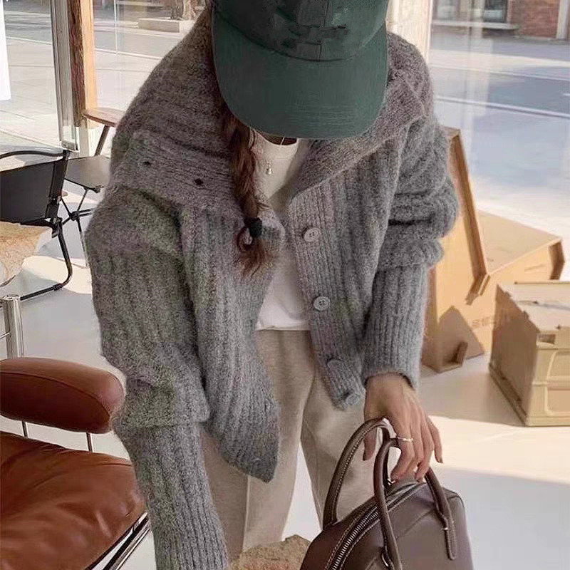 겨울 터틀넥 핏 소프트 왁스 싱글 브레스트 두꺼운 카디건 느슨한 여성용 간단한 게으른 두꺼운 스웨터