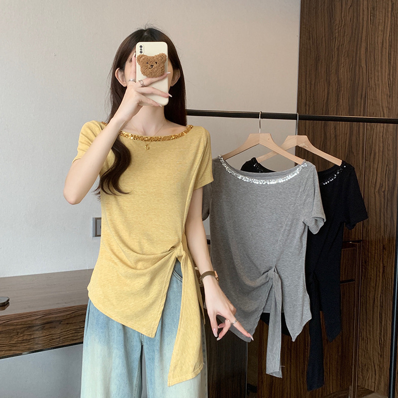 Cross-Border 2026 Summer New Style Plus-Size Women's French-Style Sequined Irregular Tie Chic Short-Sleeve T-Shirt