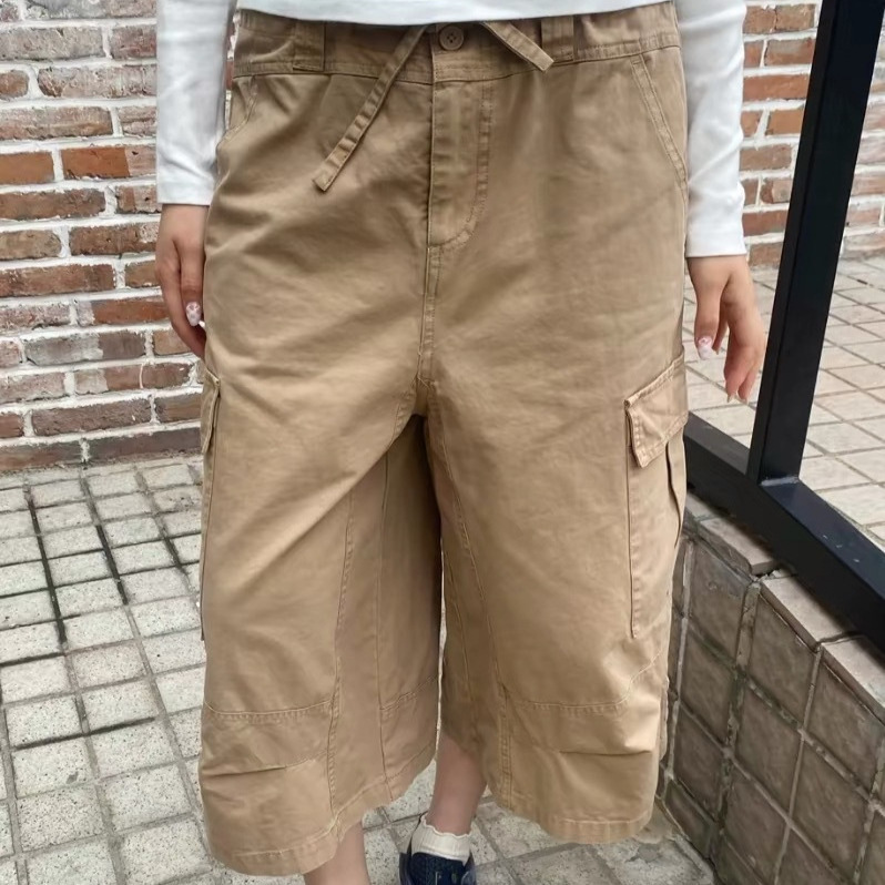 BM style American retro workwear high-waisted khaki multi-pocket cropped pants for women, loose-fitting casual pants