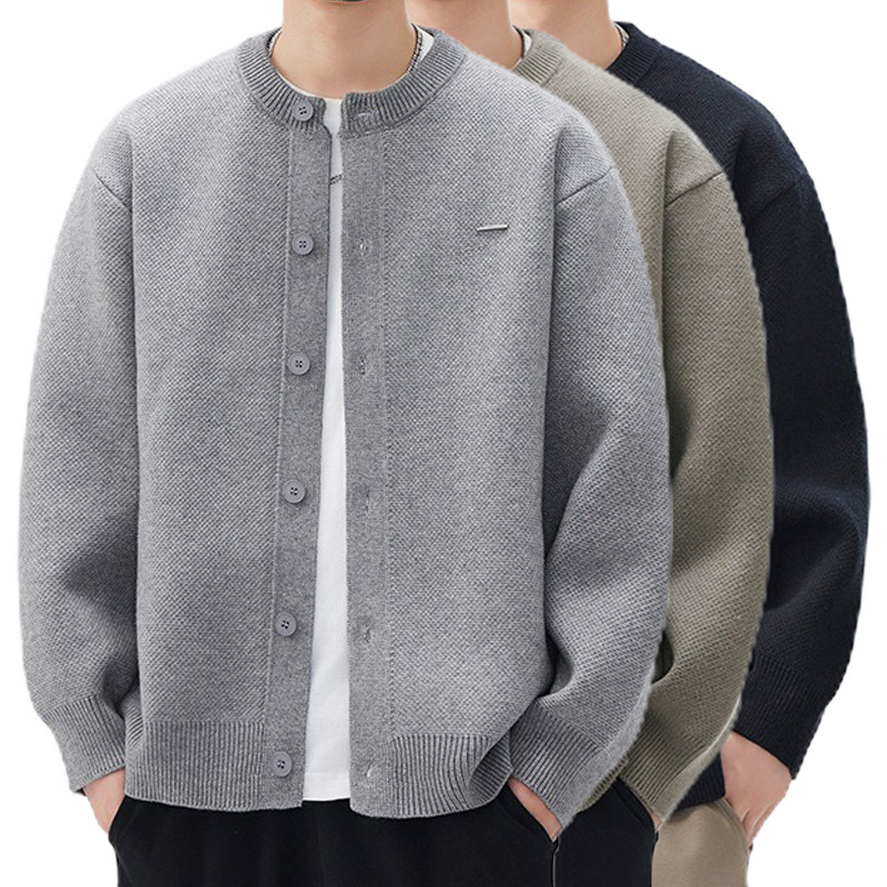 Cross-Border Popular European Size Large Size Knitwear Sweater Men's Cardigan Jacket Solid Color Warm Business Factory Wholesale