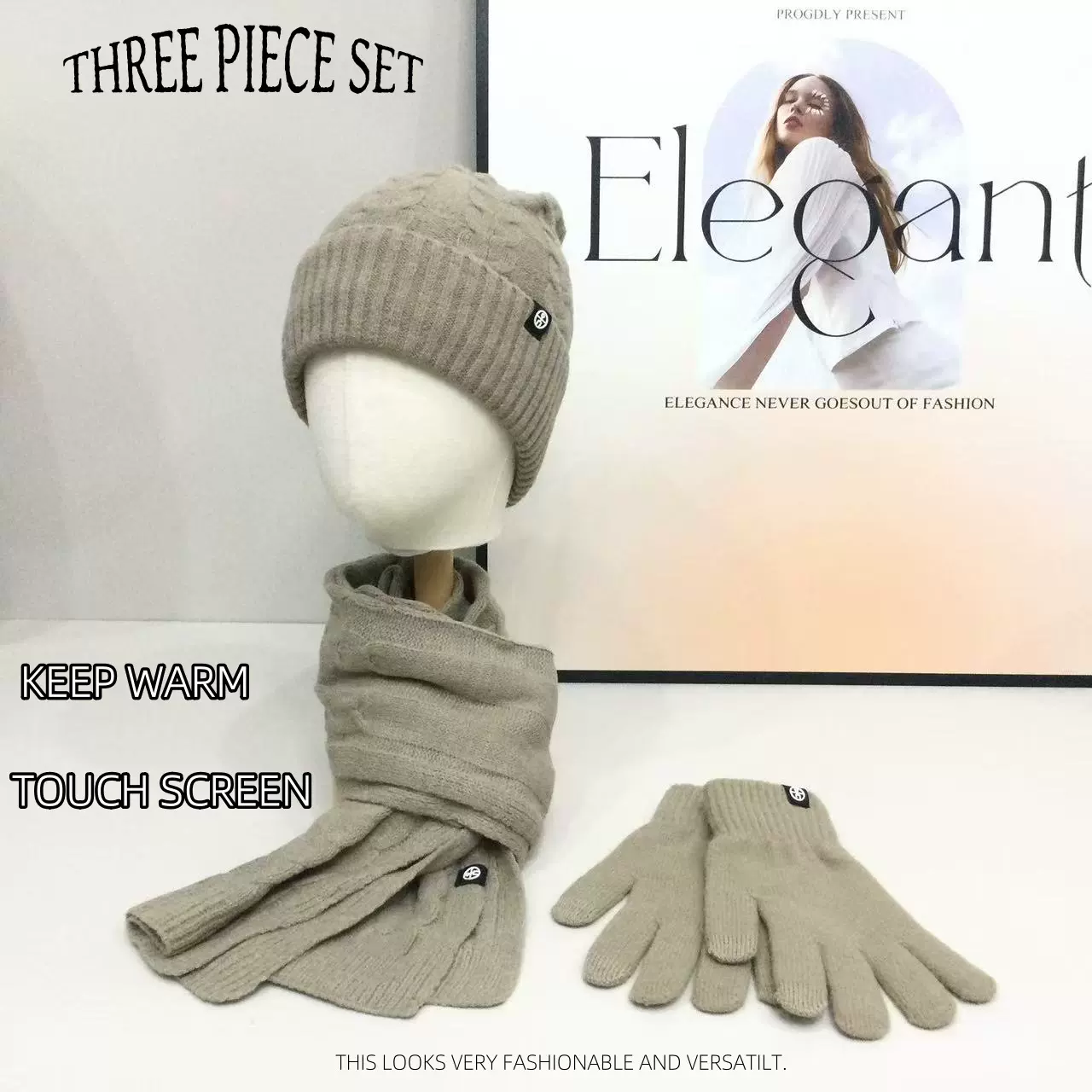 跨境亚马逊自发热德绒针织帽子围巾手套三件套秋冬季户外防风套装