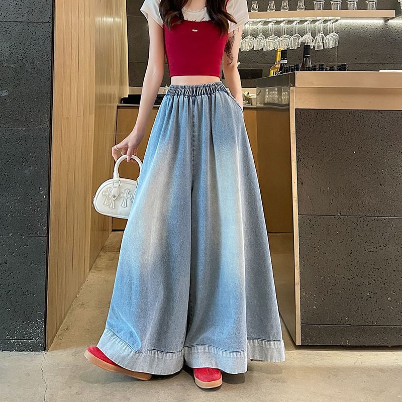 Plus Size Retro Straight-Leg Jeans for Women, Summer New Style, Sycamore Pants, Plus-Size Elastic Waist, Slimming Loose Wide-Leg Skirt Pants