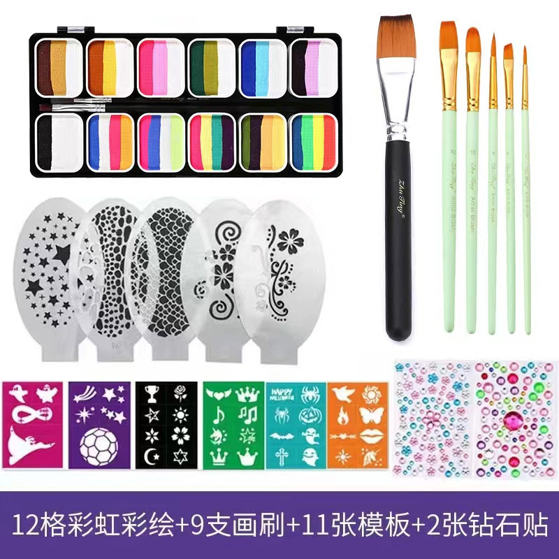 3012F-12 그리드 무지개 페인팅 + 무광택 녹색 브러시 5개 + 와이드 헤드 브러시 1개 + 컬러 스티커 6개 + 흰색 템플릿 5개 + 다이아몬드 스티커 2개