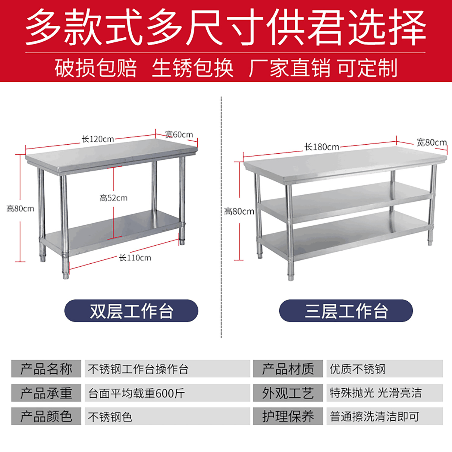 不锈钢工作台饭店厨房切菜操作台车间包装台多层商用打荷台烘培桌