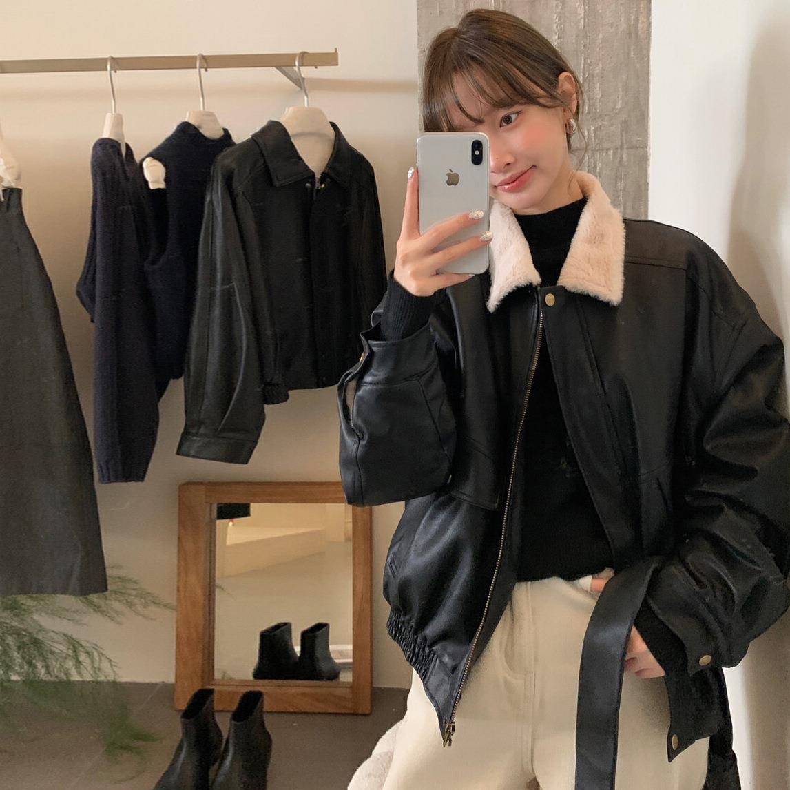 Korean Style Lapel Plus Velvet Leather Jacket for Women Winter Thickeneded and Warm Hong Kong Style Fashionable Short Motorcycle Jacket Pu Leather Jacket