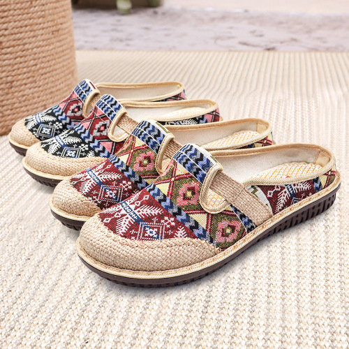 Cloth shoes  breathable new style flat bottom old Beijing women's shoes linen toe embroidered shoes ethnic style half drag Hanfu shoes