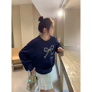 Women's plus size Korean-style All-match Embroidered Bow Hoodie Women's 2024 Spring and Autumn New Loose Long-sleeved Top