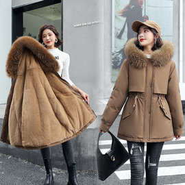 新韩版女冬A版中长棉服网红派克服加绒内胆大毛领大码收腰短外套
