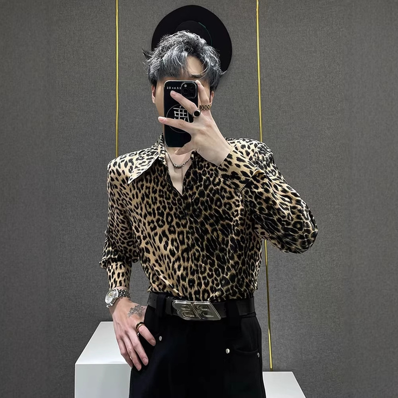 Ice Silk Floral Shirt for Men, Ins-Style Design with Large Collar, Padded Shoulders, Drapey Long Sleeves, Rose Floral Shirt, Versatile Men's Top