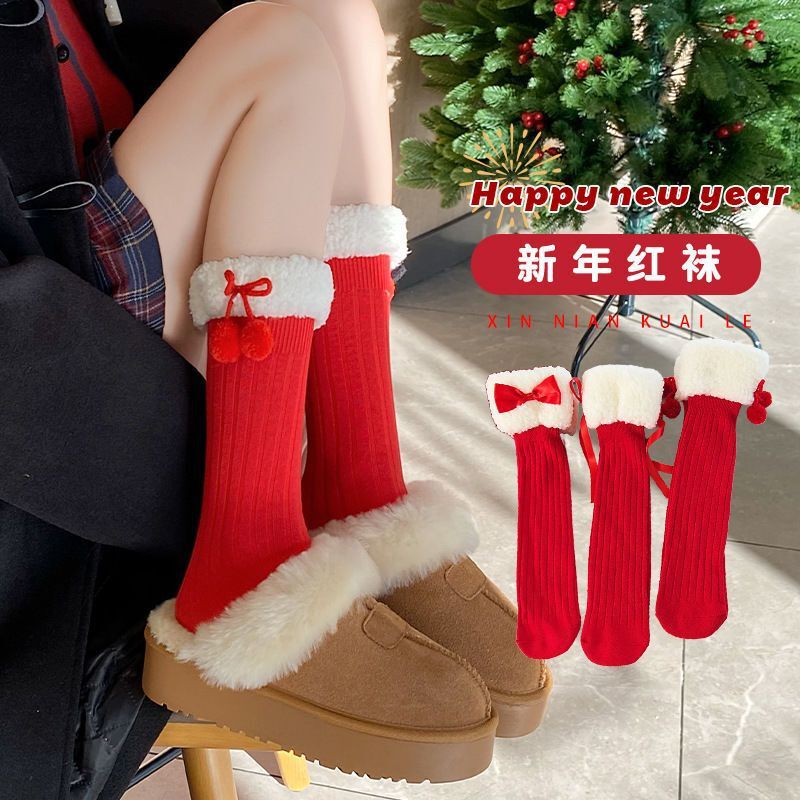 New Style Socks Women's Cold-proof New Year genuine goods Fry Socks Lace Bow High Cylinder Lolita Cute Long Pile