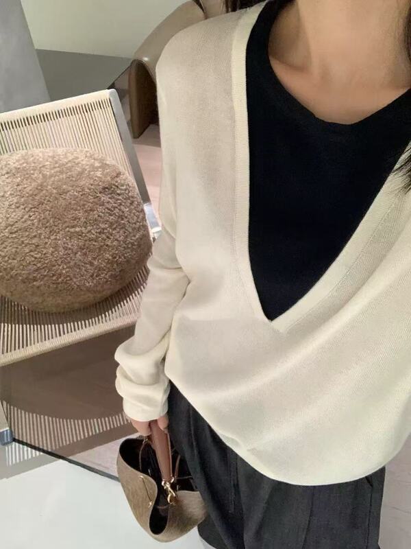 韩系设计感V领撞色假两件长袖针织衫女装秋冬慵懒风内搭打底上衣|undefined