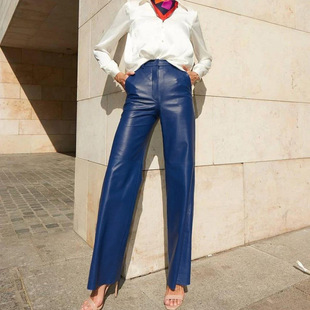 European and American Style Export Women's Clothing 2024 Autum Fashion Pu Leather Mid-High Waist Hip Lifting Straight Women's Casual Pants Women's Pants