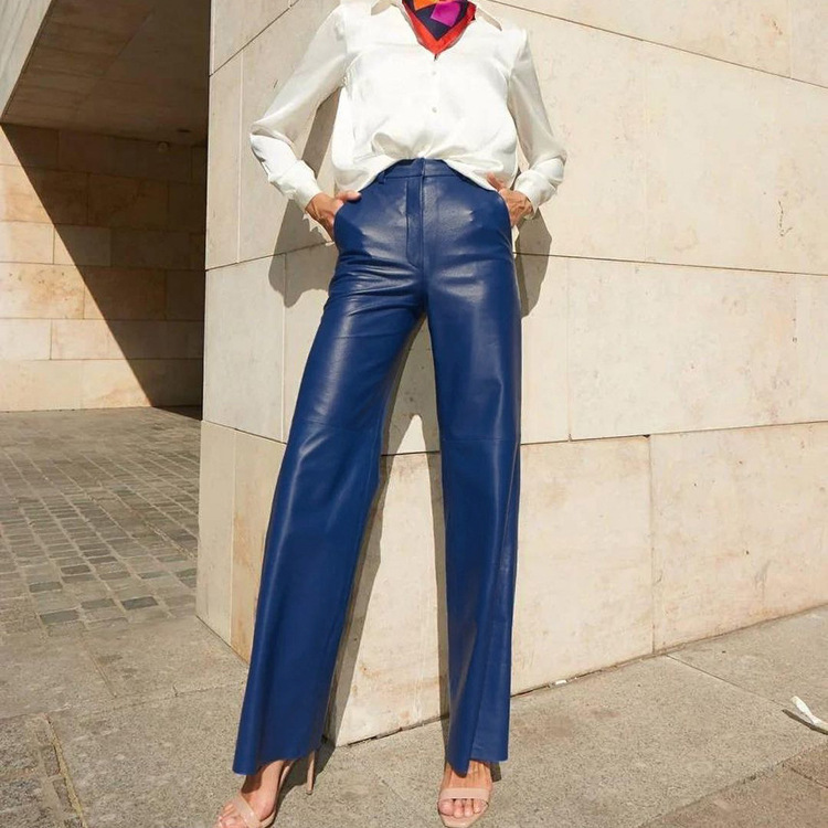 European and American Style Foreign Trade Women's Clothing 2026 Autumn Fashion Pu Leather Mid-High Waist Hip-Lifting Straight-Leg Casual Pants for Women
