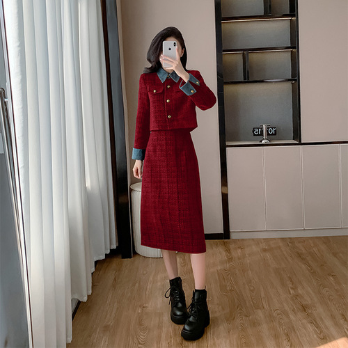 Women's 2024 Autumn/Winter New Style Splicing Denim Short-Sleeve Top with French Style Overcoat, Charming Set