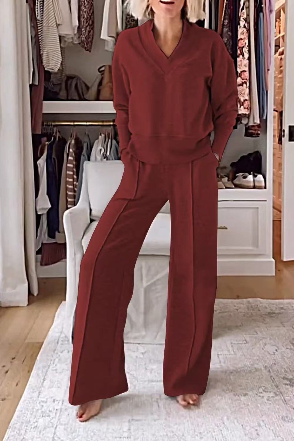 2026 Fall/Winter Cross-Border European And American New V-Neck Long-Sleeve Loose Solid Color Women's Fashion_ecoleips.com