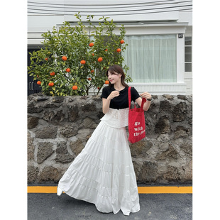 大碼女裝蕾絲拼接修身蝴蝶結T恤夏高腰傘裙遮胯顯瘦褶皺半裙長裙