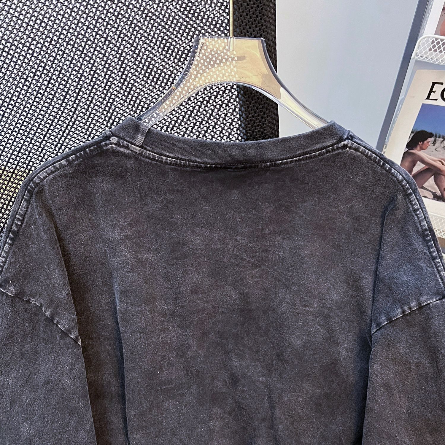 Brand Washed Distressed Loose O neck Short Sweater Niche Washed Vintage Pure Cotton Long T Shirt Trendy