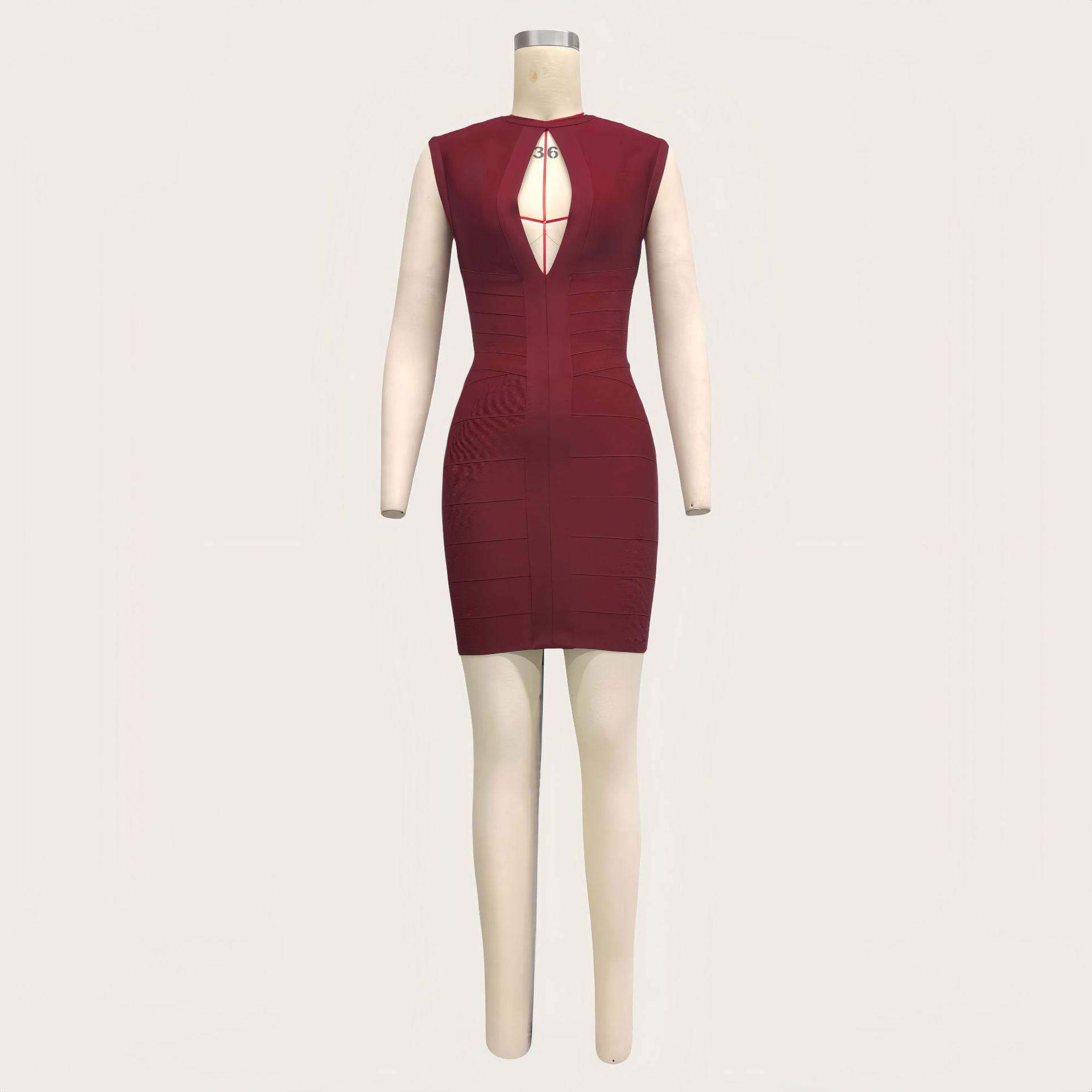 Elegante retro francés sin mangas vino rojo vestido de vendaje hueco bajo pecho sexy rayas calidad vestido de noche de mujer
