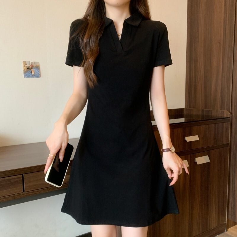 2026 Summer Polo Collar Dress for Women, Little Black Dress, Short-Sleeved Slim Fit Knitted Dress, Pure Cotton Student A-Line Dress