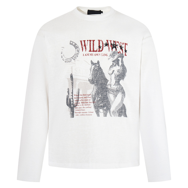 Washed thin white crew neck men's T-shirt with western cowboy girl, horse, and cactus prints, trendy street style top Washed thin white crew neck men's T-shirt with western cowboy girl, horse, and cactus prints, trendy street style top