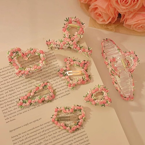 Elegant Pink Flower Hair Clip for Women 2025 Sweet Heart BB Clip Side-Swept Bangs Hairpin Head Accessory