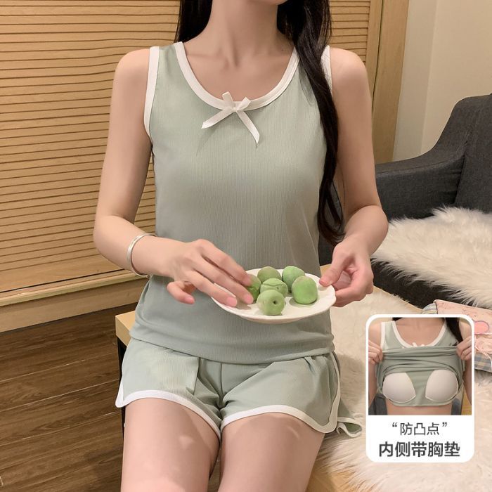 Traje de chaleco de pecho con rosca de seda de hielo al por mayor transfronterizo pijamas mujeres verano fresco servicio a domicilio traje de pantalones calientes deportivos