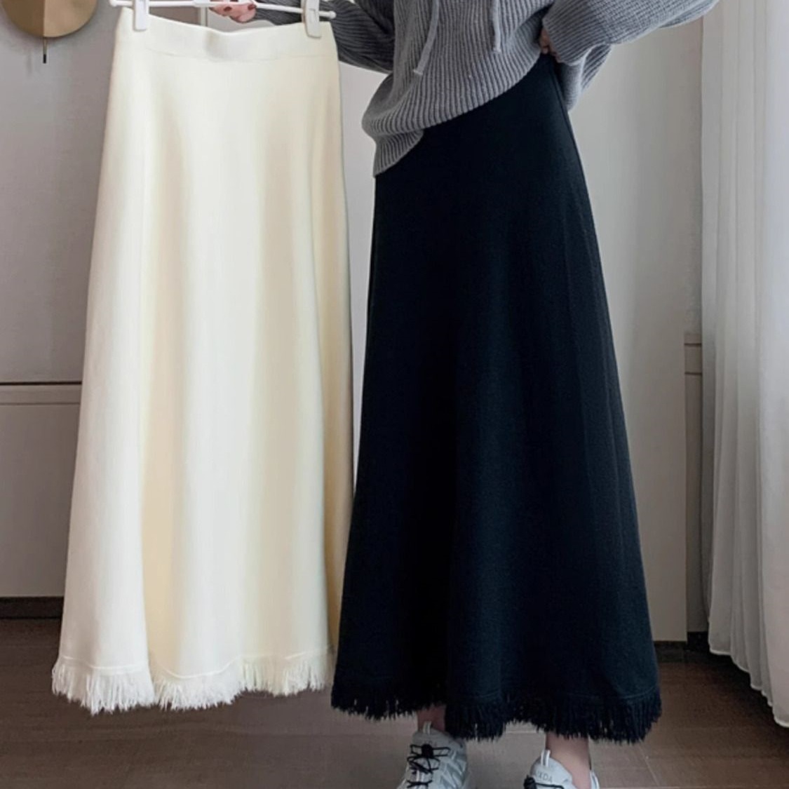 流苏下摆针织半身裙女秋冬新款松紧腰垂感大摆伞裙显瘦高腰中长裙