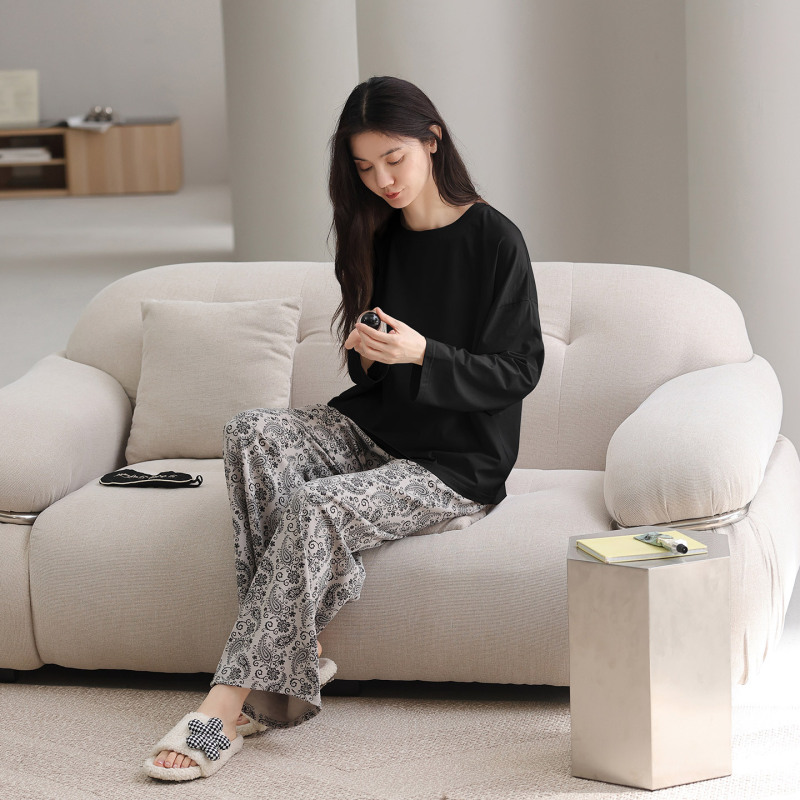 Women's pajamas with chest pads, pure cotton, spring and autumn long-sleeve set, 2026 new model, plus size, vintage wide-leg pants, home wear Women's pajamas with chest pads, pure cotton, spring and autumn long-sleeve set, 2026 new model, plus size, vintage wide-leg pants, home wear