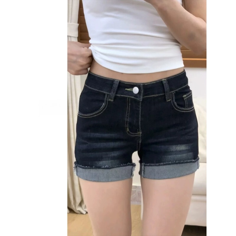 Dark Blue Denim Shorts for Women, Summer Thin Style, Plus Size, Flattering for Pear-Shaped Body, Stretchy High-Waisted A-Line Hot Pants