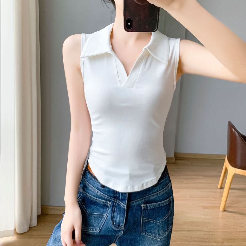 White Polo Collar Slim Vest Women's Spring and Summer New Design Sense Inner Himble Curved Casual Base Top