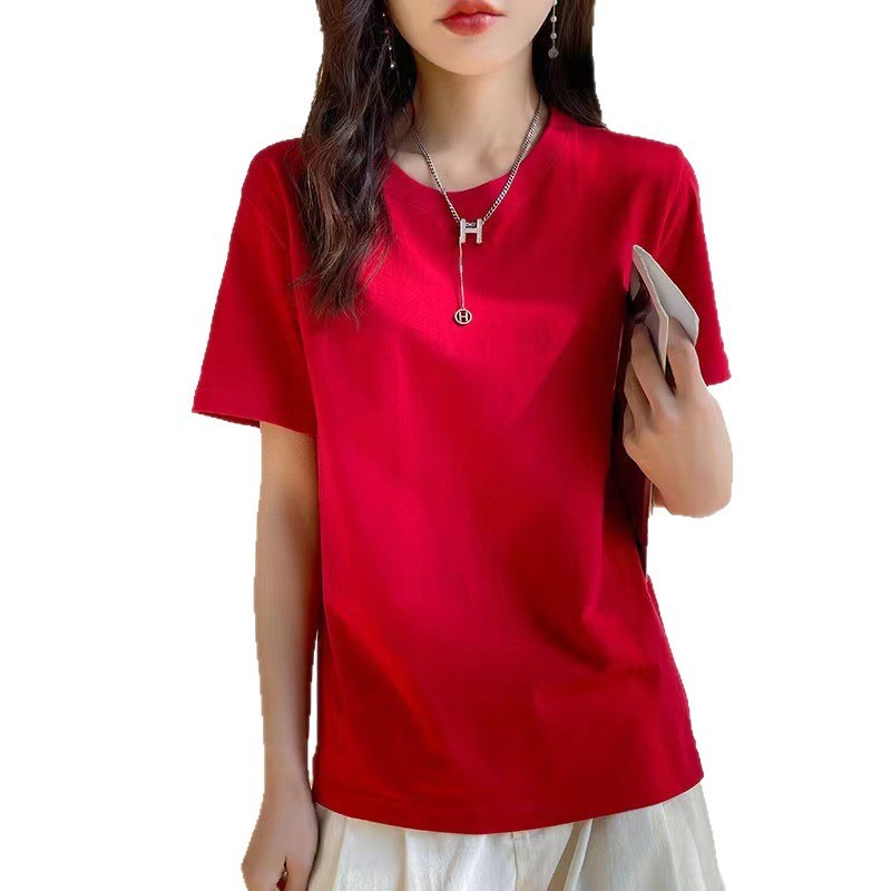 ヨーロッパ純綿 Tシャツレディース夏新疆長繊維綿半袖レディース Tシャツルーズカップルシャツ右肩ルーズラウンドネックホワイト Tシャツ|undefined