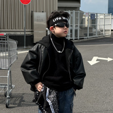 以鸿制衣男童加棉皮衣2025冬季假两件连帽夹克儿童保暖机车棉衣潮