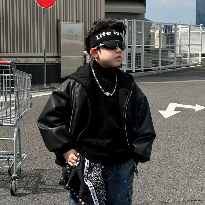 以鸿制衣男童加棉皮衣2025冬季假两件连帽夹克儿童保暖机车棉衣潮