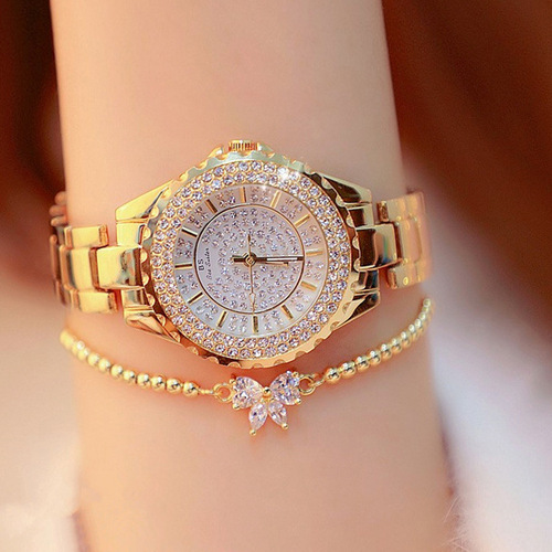 Women's watch with ultra-glitter base and diamond-set English watch + versatile diamond-set bow beaded bracelet 2pcs/set