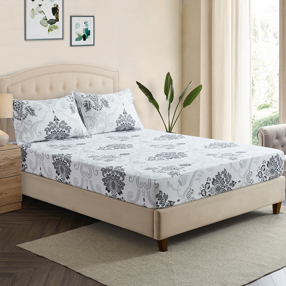 Grijs-witte polyester 3D-geprinte hoeslakenset met bloemenpaisleymotief en elastische randen voor eenpersoonsbedden, queensize bedden en kingsize bedden._voghion.com