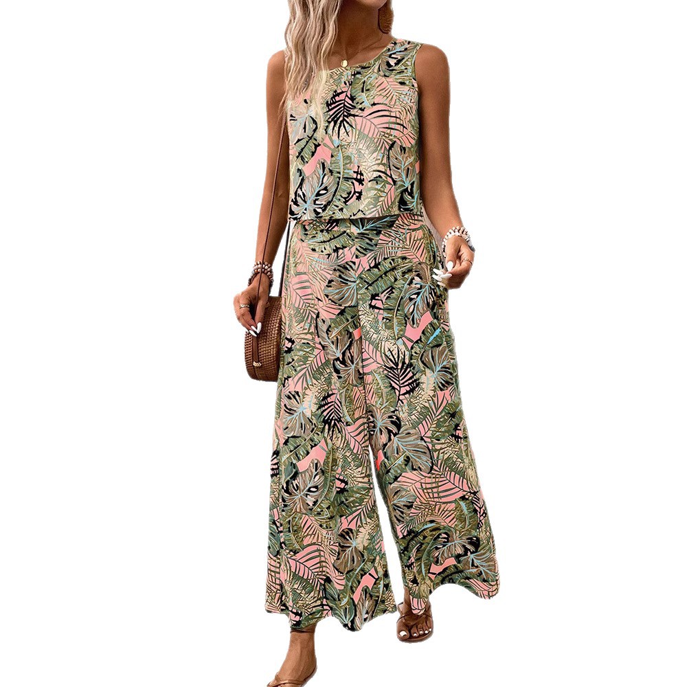 Damen-Set im Bohème-Stil: Top mit Print und Hose mit geradem Bein, europäisch-amerikanischer Stil, Sommer_voghion.com