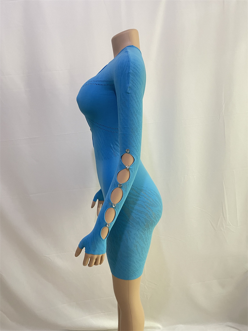 Solid Color Diagonal Shoulder Long Sleeve Diamond Hollow Out Cutout Sexy Slim Fit Romper