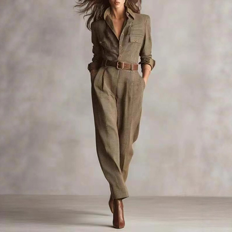 欧美跨境亚马逊速卖通独立站同款棉格纹工装连体女士镂空经典复古