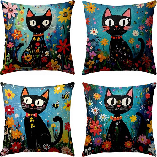 Cross-border best-selling abstract style cat and flowers single-sided printed pillowcase, dropshipping one piece
