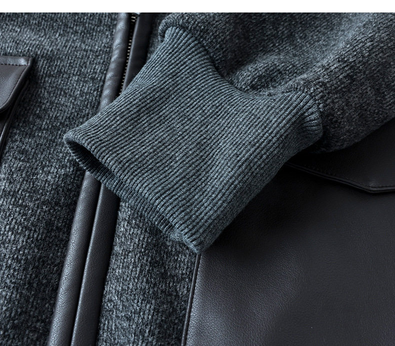 Áo khoác nữ dáng ngắn có mũ kéo khóa phối túi da, chất liệu len cashmere pha, form thường — Khói đá Ash chi tiết 16