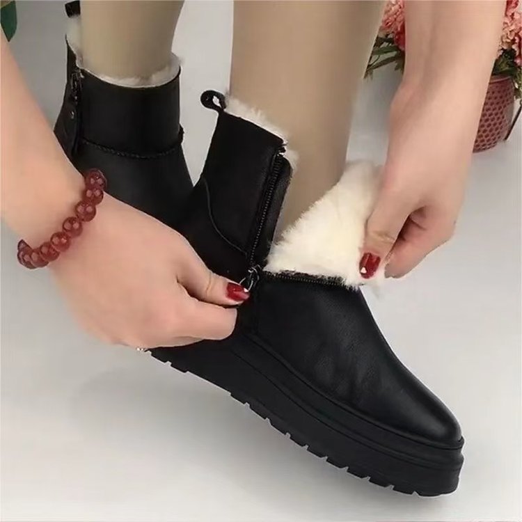ShoeGlobe Thick-Soled Leather Waterproof Snow Boots For Women, Fleece-Lined, Thickened, Non-Slip, Warm, Height-Increasing Cotton_voghion.com