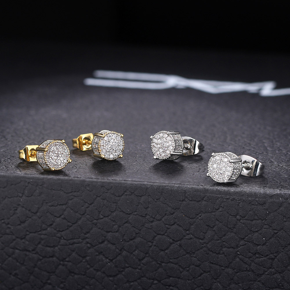 Popular Hip Hop Zircon Stud Earrings Men's And Women's Full Diamond Gold Plated Threaded Earrings Stud Earrings_voghion.com