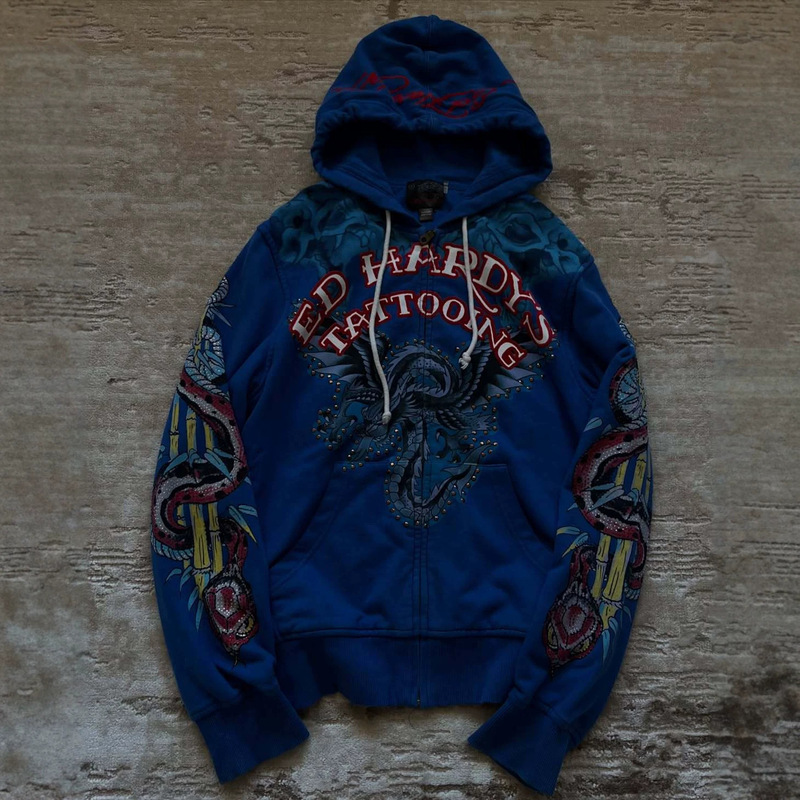Heavy-duty rhinestone tattoo print hooded zip-up sweatshirt in blue with snake and bamboo pattern, ED HARDY unisex casual zip-up hoodie