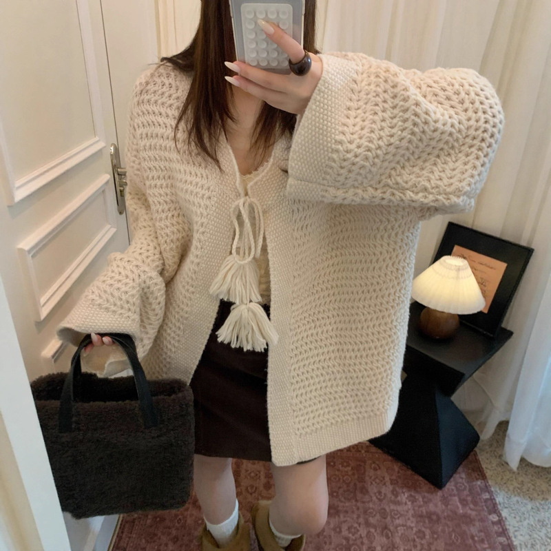 Textured Fur Ball Loose Lazy Tassel Outwear Sweater Women's Design Tie-Up Top Cardigan G1631 Textured Fur Ball Loose Lazy Tassel Outwear Sweater Women's Design Tie-Up Top Cardigan G1631