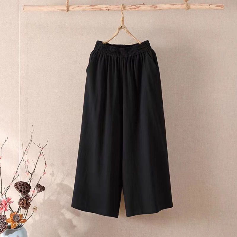 Summer Cotton and Linen Wide-Leg Pants for Women, New Korean Style Loose Plus-Size Casual Pants, Versatile for Outdoor Wear, Cropped Pants
