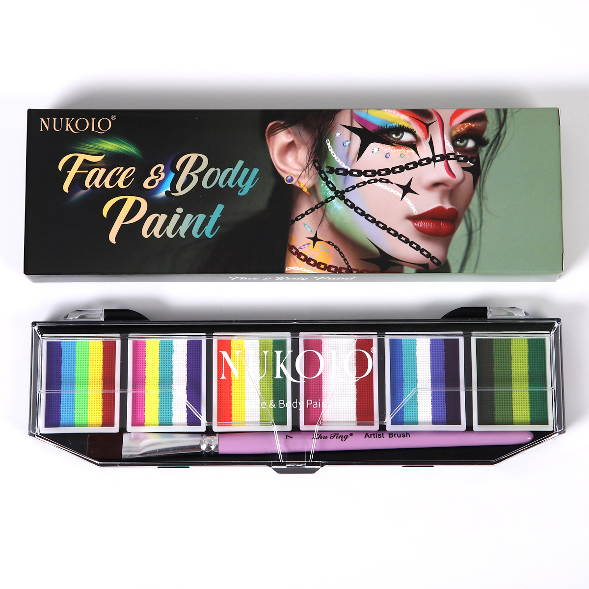 Ventas transfronterizas calientes 6 grupos de paleta de color de barra arcoíris conjunto acuoso cuerpo humano pintado pigmento de pintura facial pasta de color pigmento de acuarela