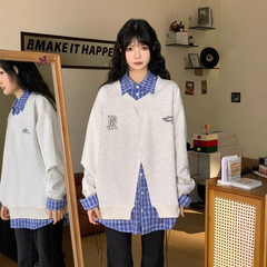 美式假两件卫衣女春秋2025新款爆款韩系慵懒风小个子拼接衬衫上衣