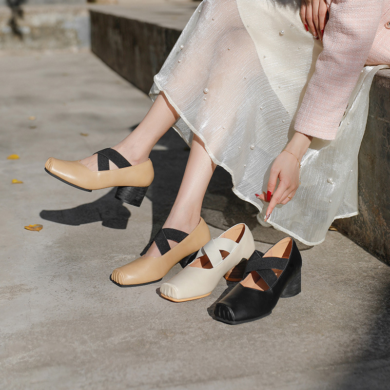 Genuine Leather Mary Jane Shoes for Women 2025 New Cross Strap Square Toe Pleated Ballet Shoes High Heel Outer Shoes for Women