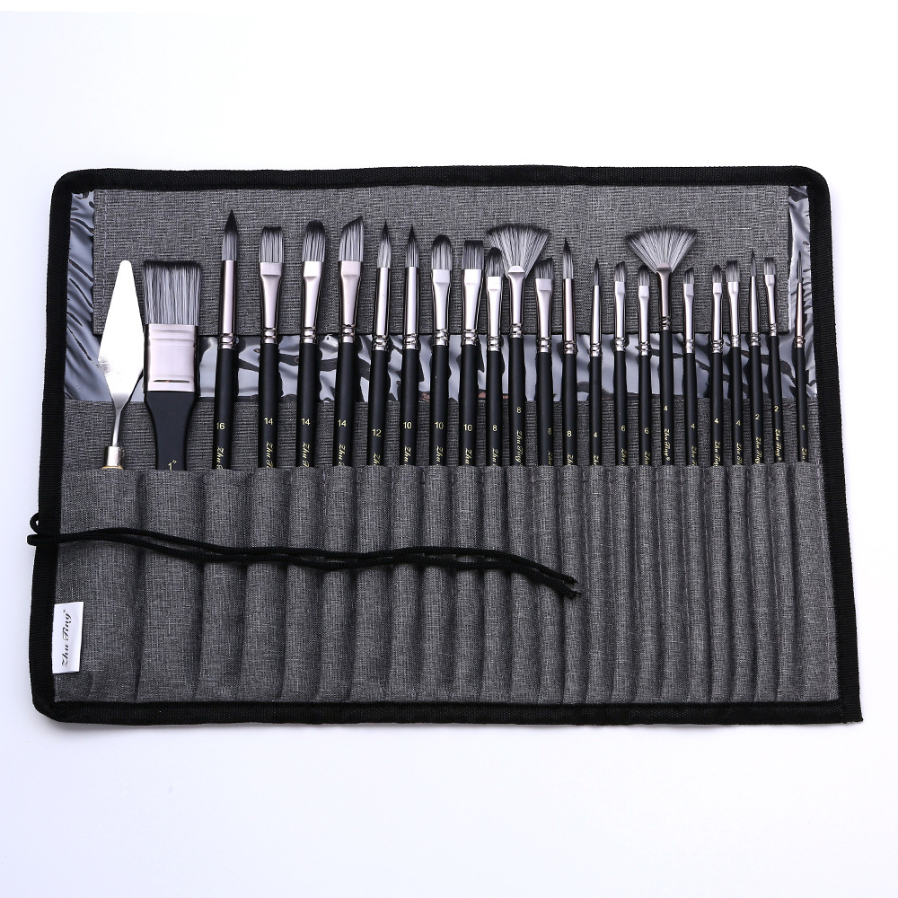 Amazon Venta caliente 24 nylon cepillo de pelo traje gris plata varilla pluma cortina aceite cepillo gouache acuarela cepillo